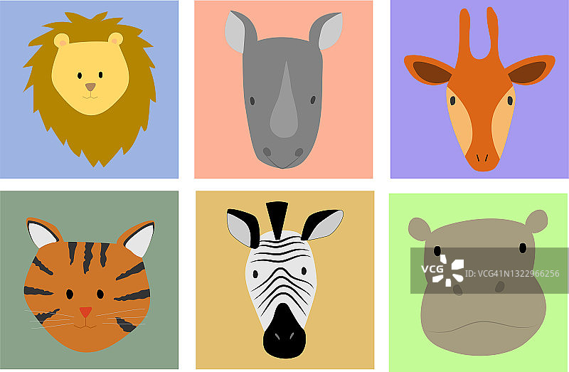 设置插图卡通动物的脸。狮子，长颈鹿，斑马，老虎，河马和犀牛插图图片素材