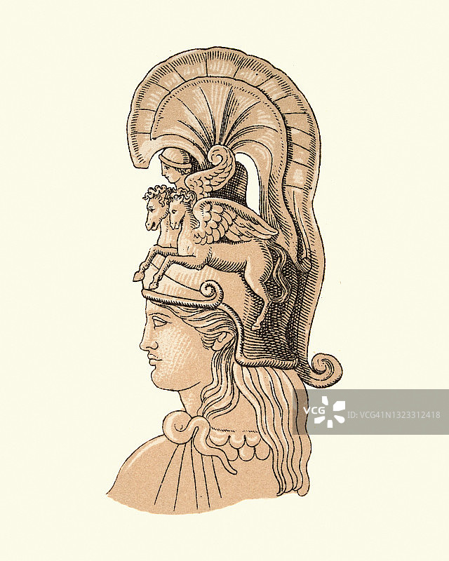 古希腊女神，戴着装饰有飞马的头盔图片素材