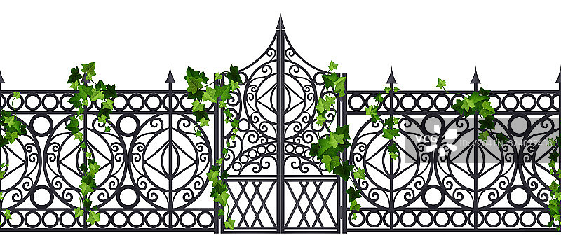 铁艺大门向量老金属围栏无缝边框，钢园林装饰门，常青藤叶，攀缘。图片素材
