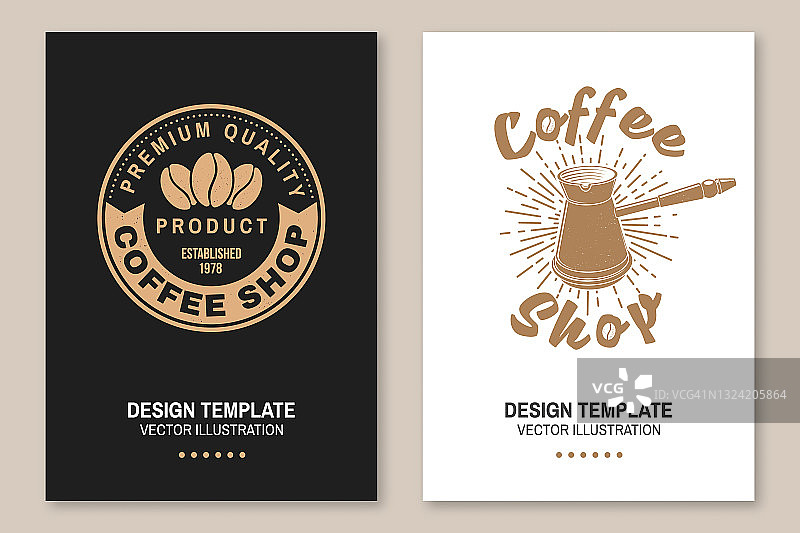 咖啡商店标志。用于徽章、徽章模板。向量。传单，小册子，横幅，海报设计与咖啡机剪影。图片素材