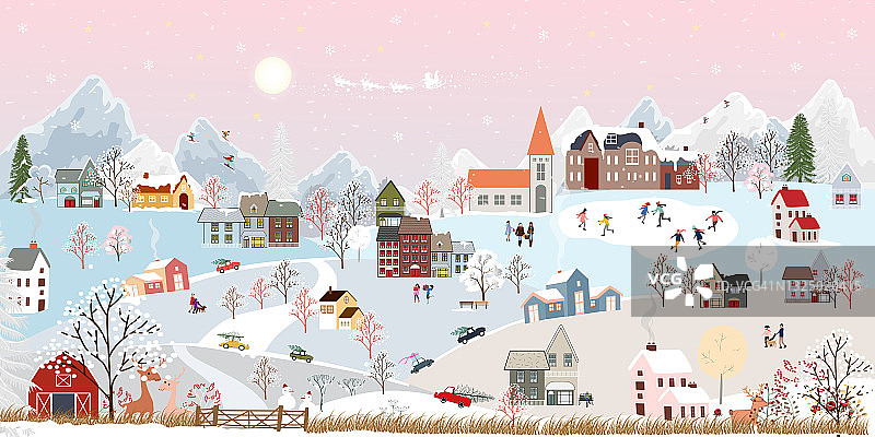 冬季仙境的景观背景在夜晚与人们在城市欢度新年，圣诞节在村庄与人们庆祝，孩子们玩滑冰，青少年在山上滑雪图片素材