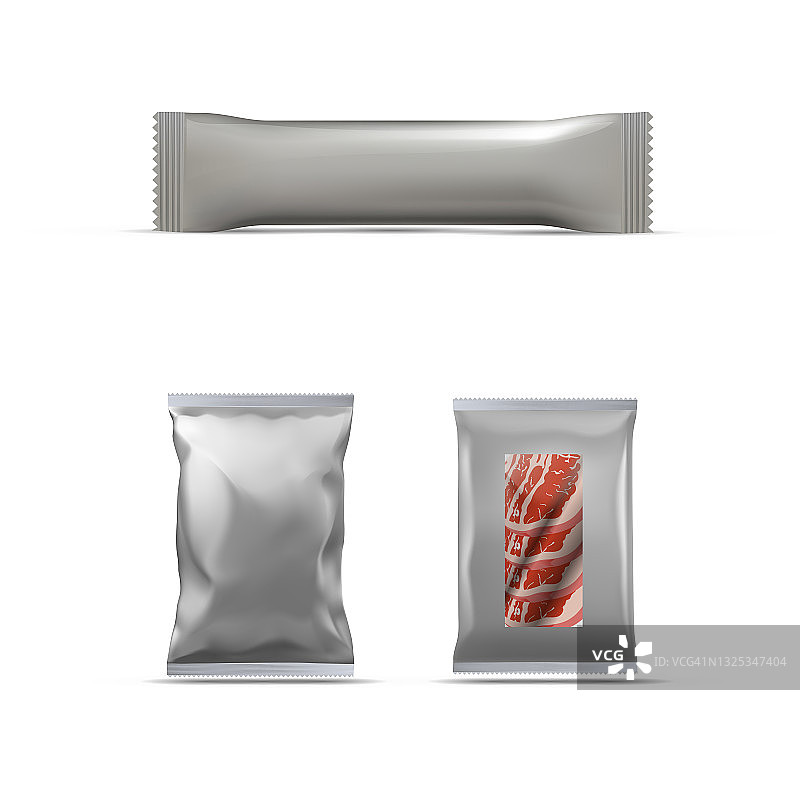 详细矢量插图三包装与牛肉，白色矩形塑料包装的食品。图片素材
