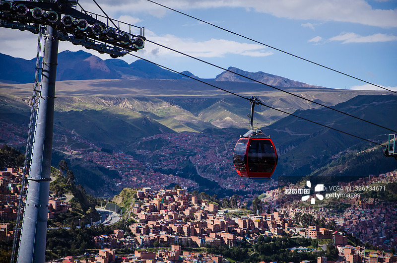 玻利维亚首都拉巴斯市的红色缆车图片素材