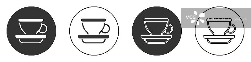 黑咖啡杯图标孤立在白色背景。茶杯。热喝咖啡。圆按钮。向量图片素材