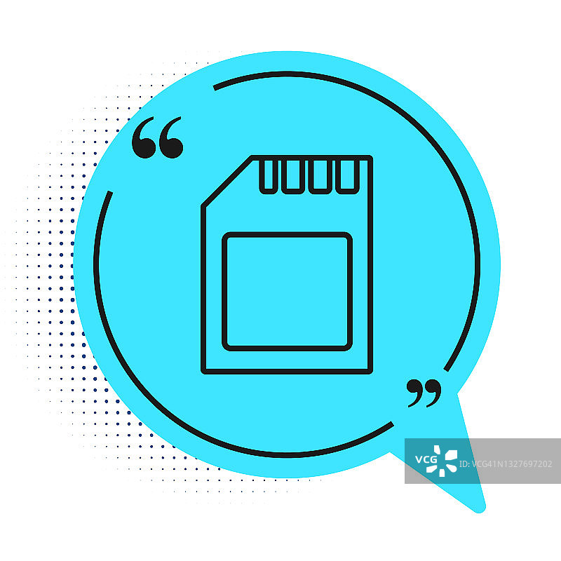 黑线SD卡图标隔离在白色背景。记忆卡。适配器图标。蓝色语音气泡符号。向量图片素材