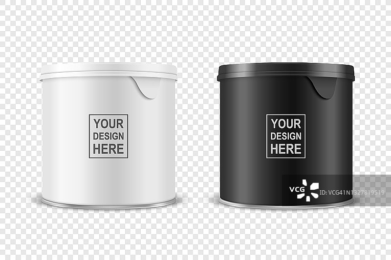 矢量3d现实空白光滑的白色，黑色金属锡罐，罐头食品，土豆片包装与盖子设置隔离在透明背景。小尺寸。设计模板模型。前视图图片素材
