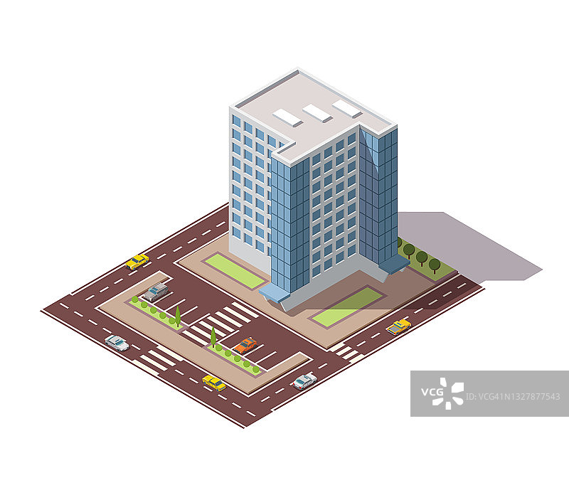 办公室等距。城镇公寓大楼与街道和汽车的城市地图创建。信息图表元素。城市住宅组成与道路图片素材