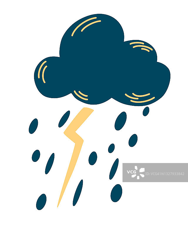 云与雷暴和雨。天气预报。多雨的天气图标。风暴设计模板。卡通矢量插图的云，雨和闪电。图片素材