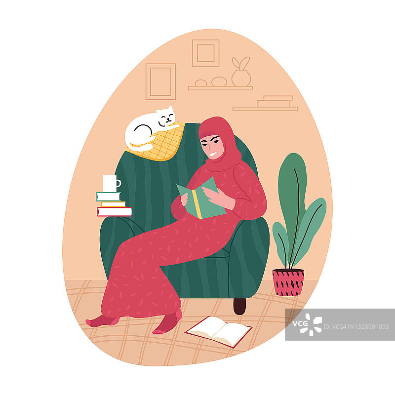 年轻女子戴着头巾坐在家里的扶手椅上看书。矢量插图。图片素材