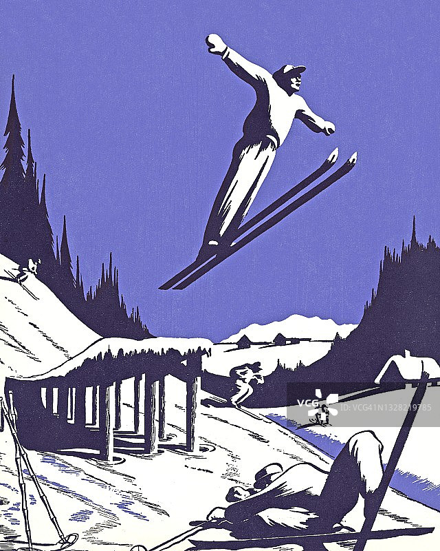 滑雪者从起跳处飞行图片素材