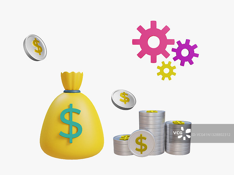 3D资金管理概念与货币和硬币插图。3D渲染和插图。图片素材