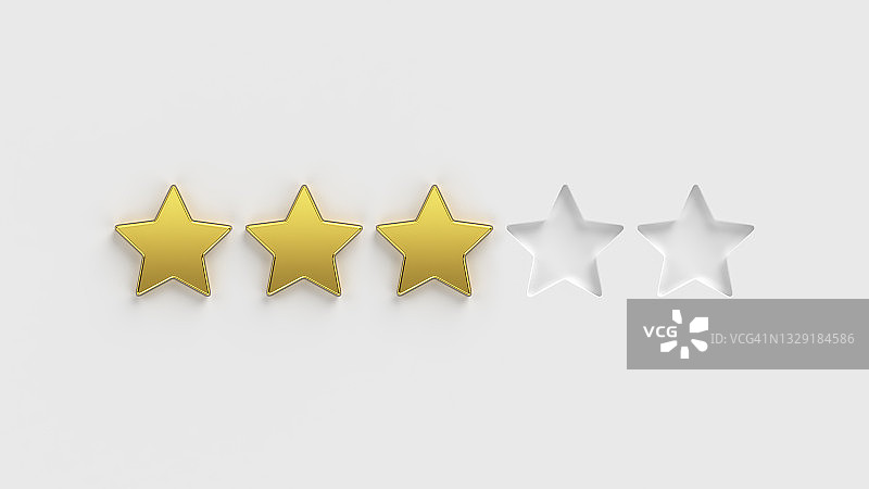 五星评级。五颗金评级星中的三颗在白色背景上。在网上对公司或应用程序进行评级。5颗金星作为客户质量评价的例证。图片素材