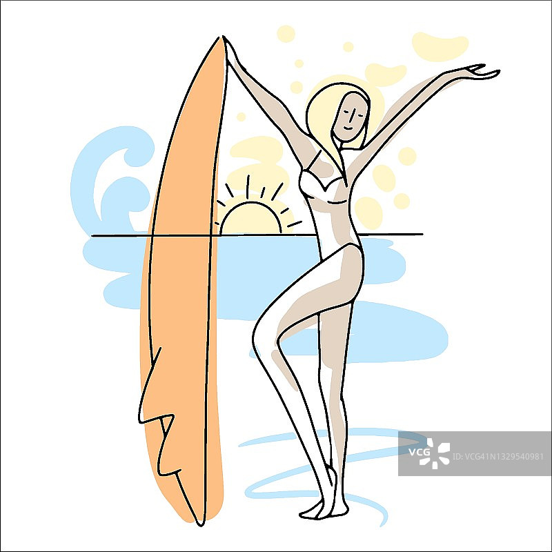 女孩带着冲浪板，在海边，游泳前热身，摆姿势拍照，抽象手绘，线条，素描，彩色斑点图片素材
