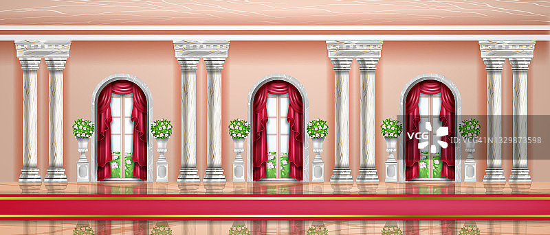 宫殿内部矢量背景，城堡皇家大厅，舞厅，拱门窗，大理石柱子。图片素材