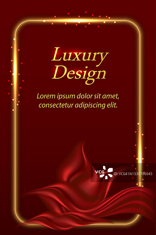 奢华的背景与红色丝绸窗帘和金光闪闪的边框。豪华的红色缎子织物质地，金光闪闪的长方形框架。横幅或海报背景，矢量插图图片素材