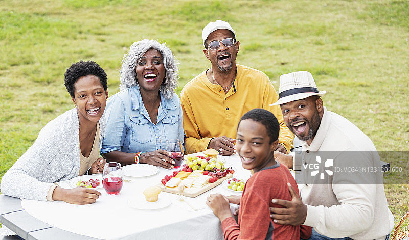 几代非裔美国家庭在野餐桌上图片素材
