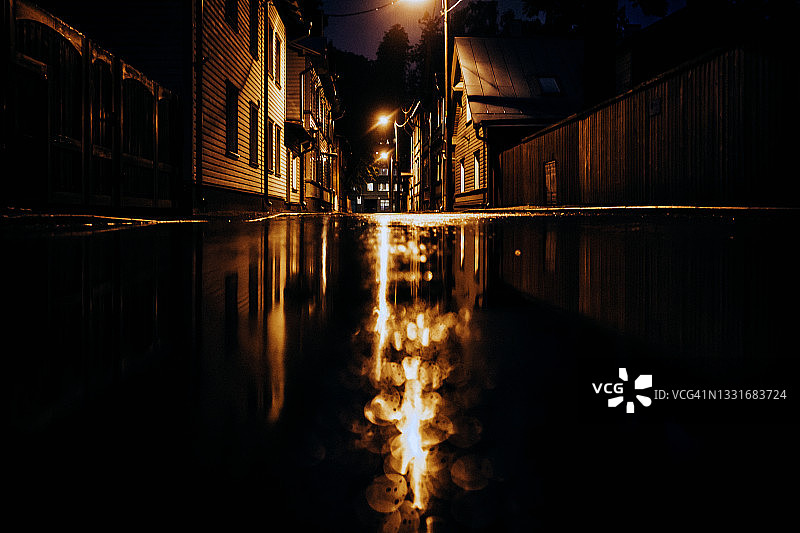 街道反映在水坑-塔林，爱沙尼亚图片素材
