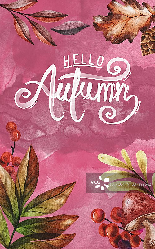 手绘水彩粉红色抽象墨水背景与秋天的材料设计:树叶和浆果你好秋天。用于海报，印刷，卡片，明信片，菜单，问候图片素材