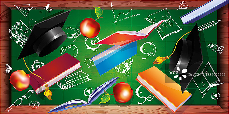 回学校!学校用品上有苹果和黑板背景上的徒手画。图片素材