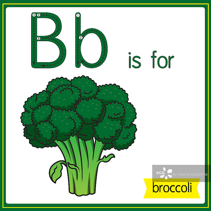 矢量插图学习字母为儿童与卡通形象。字母B代表西兰花。图片素材