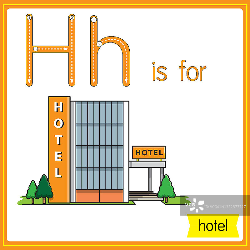 矢量插图学习字母为儿童与卡通形象。字母H代表旅馆。图片素材