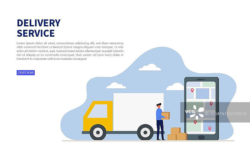 在线快递服务应用概念。与全球定位系统(gps)。物流货物。货物的卡车。矢量插图。图片素材