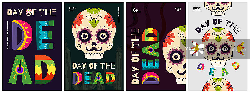 亡灵节海报集。墨西哥亡灵节国家节日贺卡与彩色字体和头骨。墨西哥宗教十一月假日传单矢量设计模板图片素材