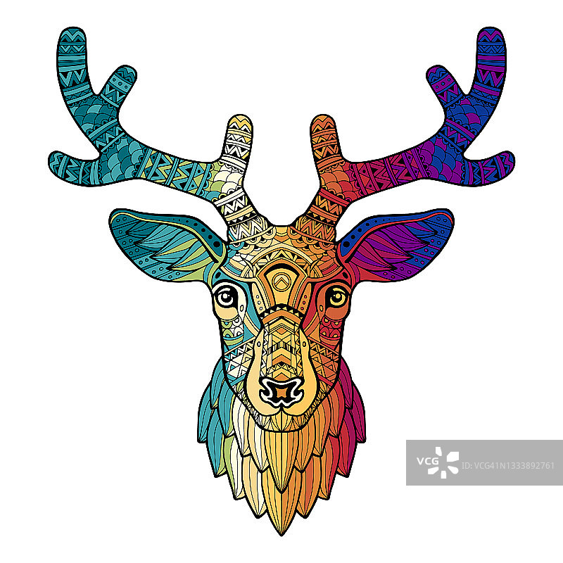 鹿的头。色彩装饰性的鹿。头上有角的。手工绘制。多色。抽象图案野生动物。卡通风格。放荡不羁的,涂鸦设计。矢量插图图片素材