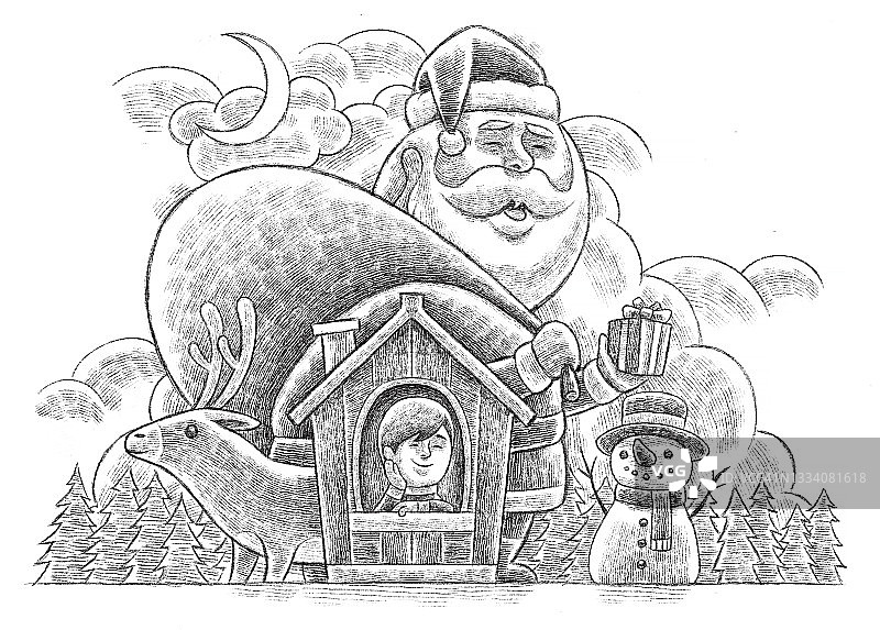 圣诞老人拿着圣诞礼物站在房子后面，孩子们在画画图片素材