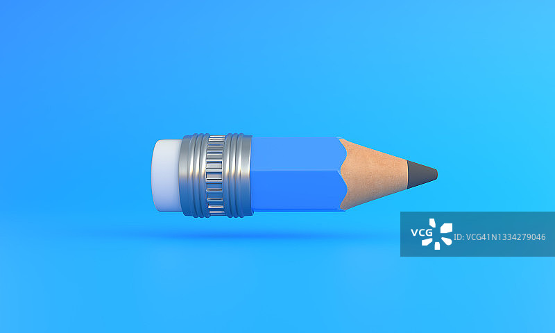 有趣的小尖木铅笔和橡皮擦飞在蓝色的背景图片素材