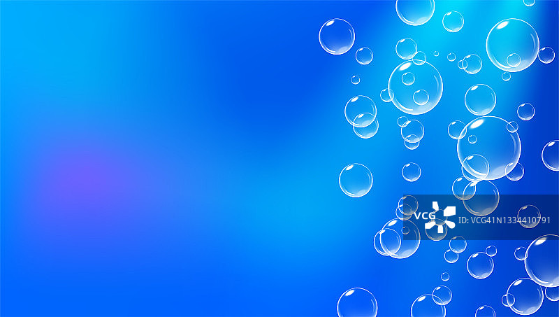 明亮的蓝色背景和嘶嘶的气泡。碳酸空气水下。向量现实的例证。图片素材