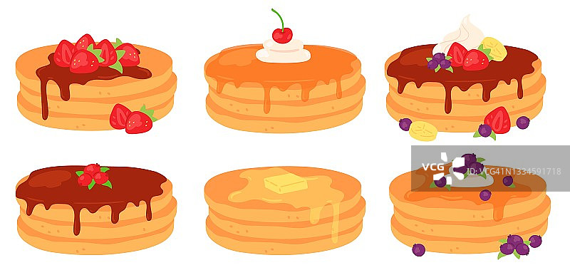 卡通早餐煎饼与枫糖浆和浆果浇头。美味的煎饼与黄油，巧克力，奶油和草莓向量集合图片素材