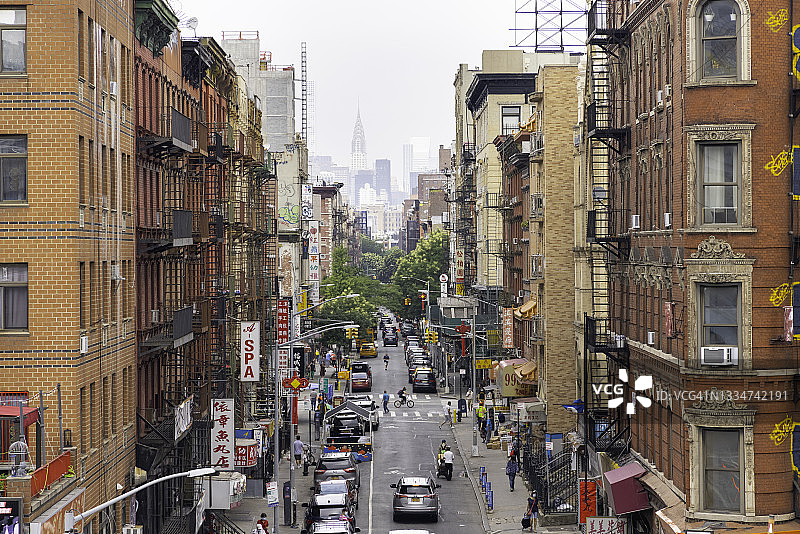 从曼哈顿桥往下看，纽约唐人街市中心的埃尔德里奇街图片素材