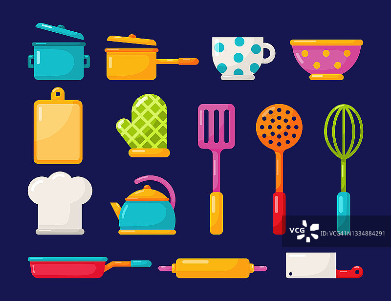 厨房用具和厨房用具的图标设置在蓝色的背景上。矢量插图。图片素材