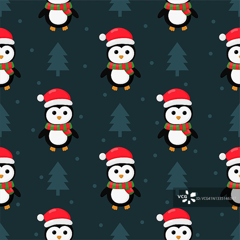 圣诞企鹅无缝模式上的蓝色背景。矢量插图。图片素材