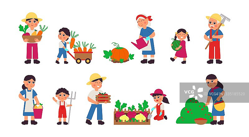 收获的秋季时装。园艺妇女，在花园里工作的农民。新鲜蔬菜，与世隔绝的农人和儿童象样的病媒集合图片素材