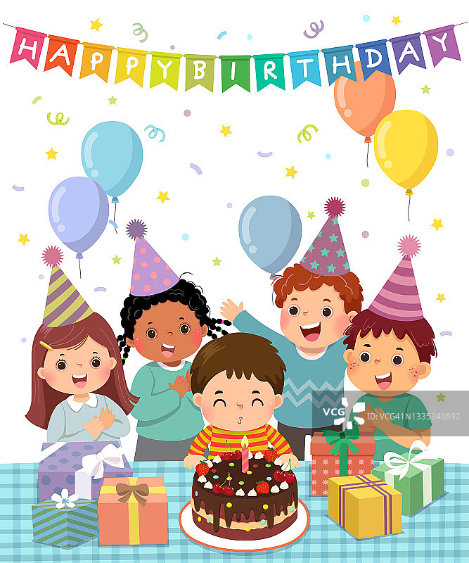 向量插图卡通快乐的一群孩子在生日派对上玩。小男孩吹灭生日蛋糕上的蜡烛。图片素材
