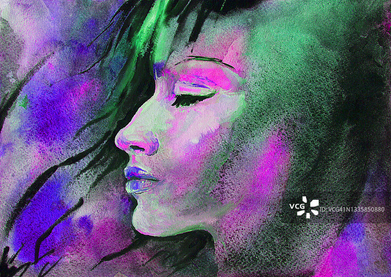 插图水彩画一个年轻女子的侧面与长发在风中紫色背景图片素材