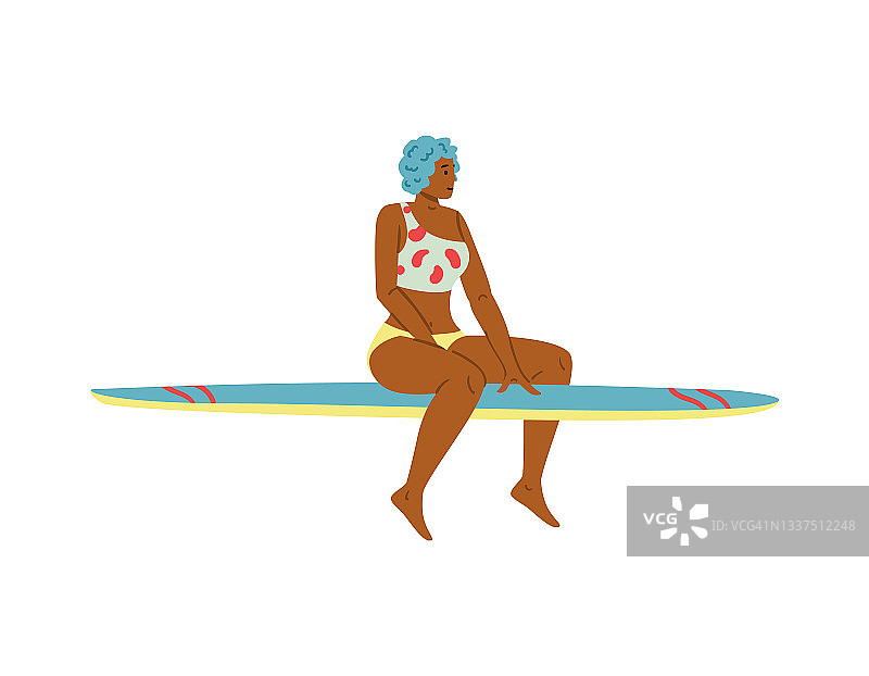 女子坐在冲浪板或桨板平面矢量插图孤立。图片素材