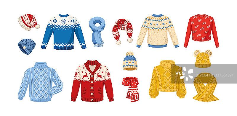 可爱的针织保暖冬装。羊毛编织冬季衣服帽子，手套，圣诞毛衣与节日冬季的装饰品，开襟羊毛衫，套头衫，手套，袜子，一对羊毛线图片素材