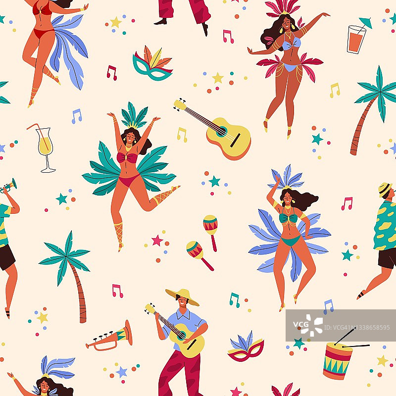 无缝模式巴西狂欢节。里约热内卢音乐节元素，跳舞快乐的人们，男人用吉他和小号，桑巴节日派对。装饰纺织品，包装纸壁纸矢量现代打印图片素材