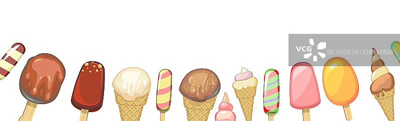 冰淇淋底部边框。漂亮的背景图片。在华夫饼眼镜和锥。冰棒棍。夏季食物，甜点。平面设计。向量。图片素材