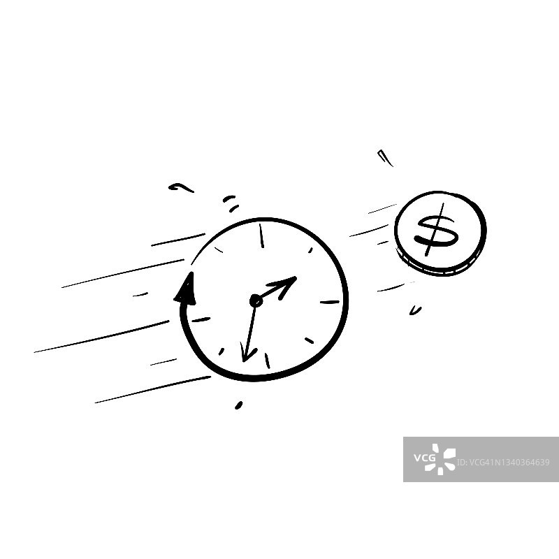 手绘涂鸦时钟与货币概念为时间是货币插图矢量的孤立图片素材