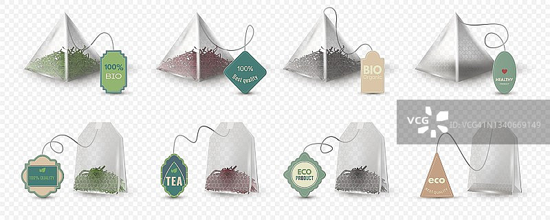 现实金字塔和矩形绿色，红色和黑色茶袋标签。空3d茶包模型与标签草本饮料矢量集图片素材
