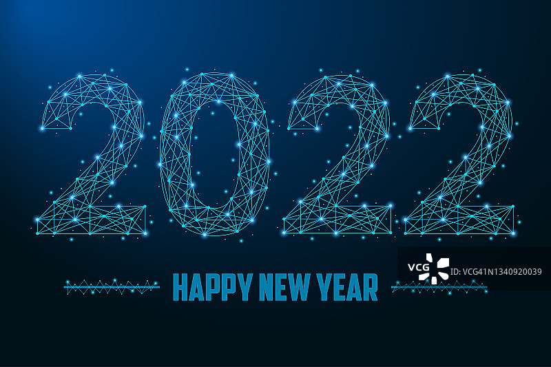 2022年新年插图由点和线，多边形线框网格在夜空，深蓝色的背景。低聚贺卡。图片素材