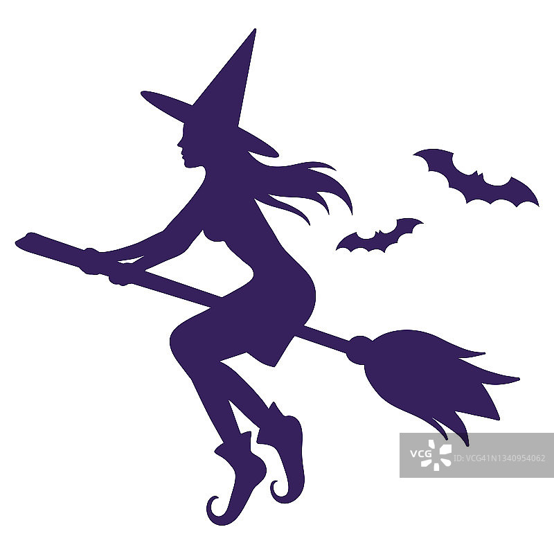骑着扫帚和蝙蝠飞翔的女巫剪影。图片素材
