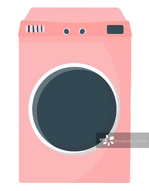 粉红色洗衣机用于洗衣服和内衣。使房间保持清洁。简单可爱的卡通插图。一个平坦的向量集。图片素材