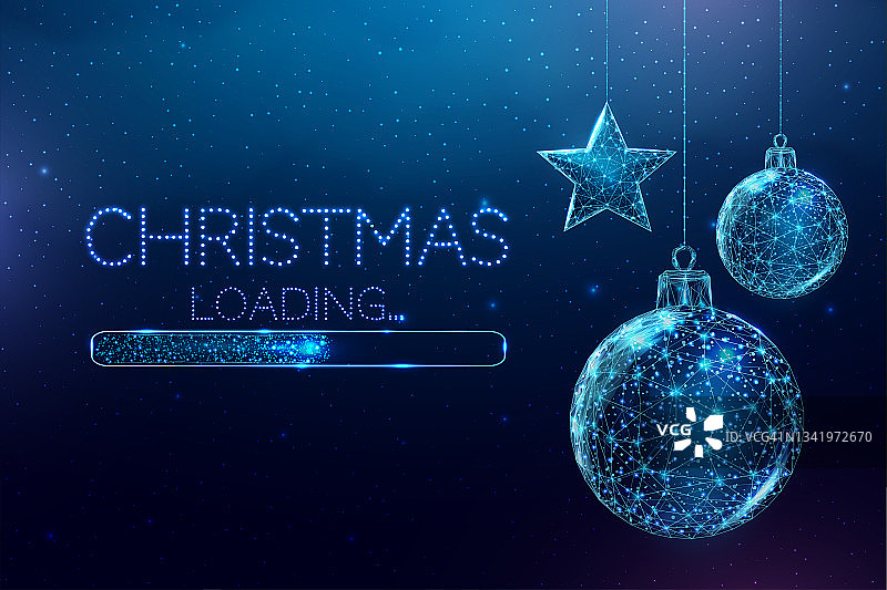 线框圣诞球和星星，低聚风格。圣诞快乐，新年快乐。抽象现代三维矢量插图的蓝色背景。图片素材