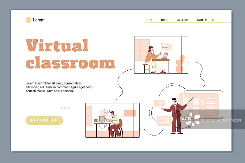 虚拟教室和远程教育网站平面矢量插图。图片素材