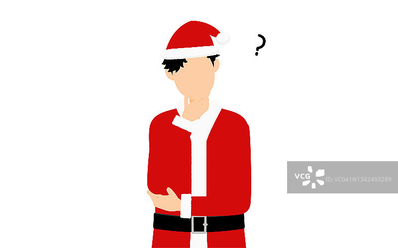 一个穿着圣诞老人服装双臂交叉思考的人。图片素材